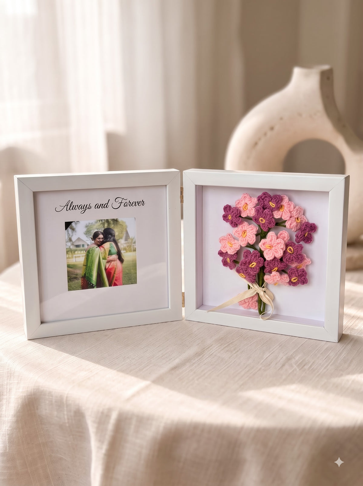 Pink Forever Frame with Handmade Crochet Flower Bunch | Perfect for Home Decor and Workdesk
