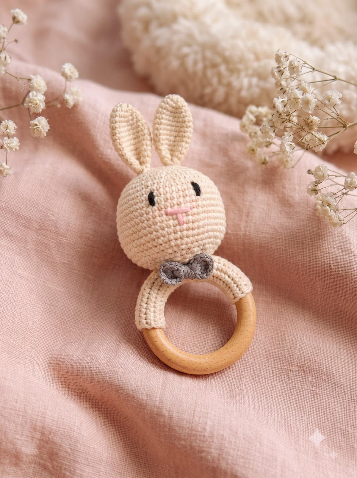 Bow Tie Bunny Crochet Baby Rattle | Handmade Toy | Ideal for Sensory and Motor Skills Development
