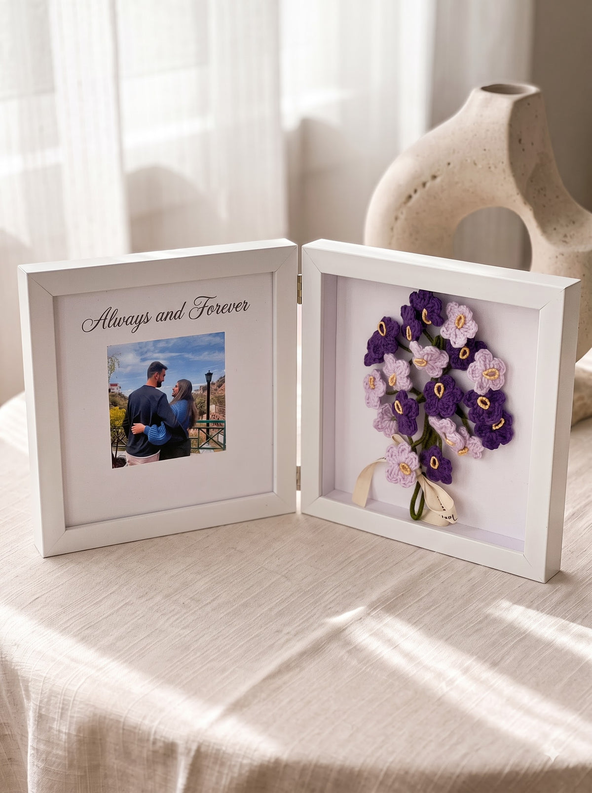 Purple Forever Frame with Handmade Crochet Flower Bunch | Perfect for Home Decor and Gifting
