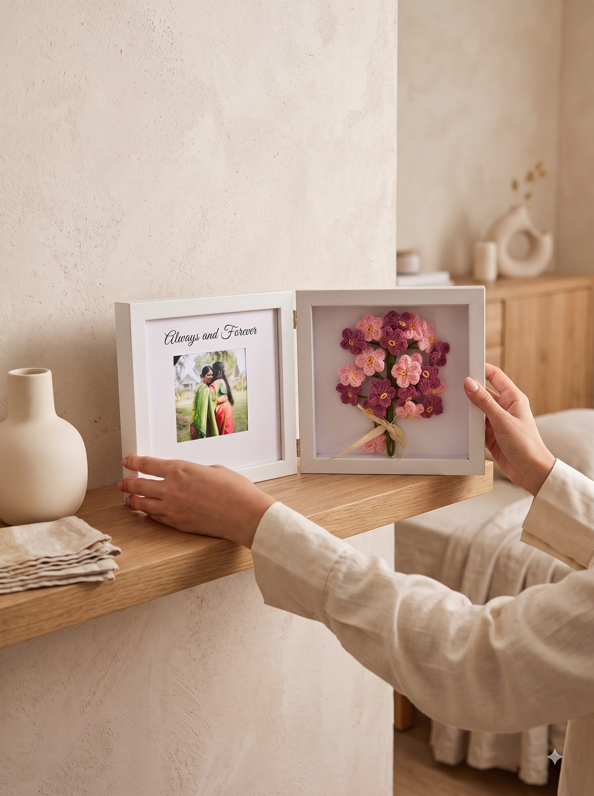 Pink Forever Frame with Handmade Crochet Flower Bunch | Perfect for Home Decor and Workdesk