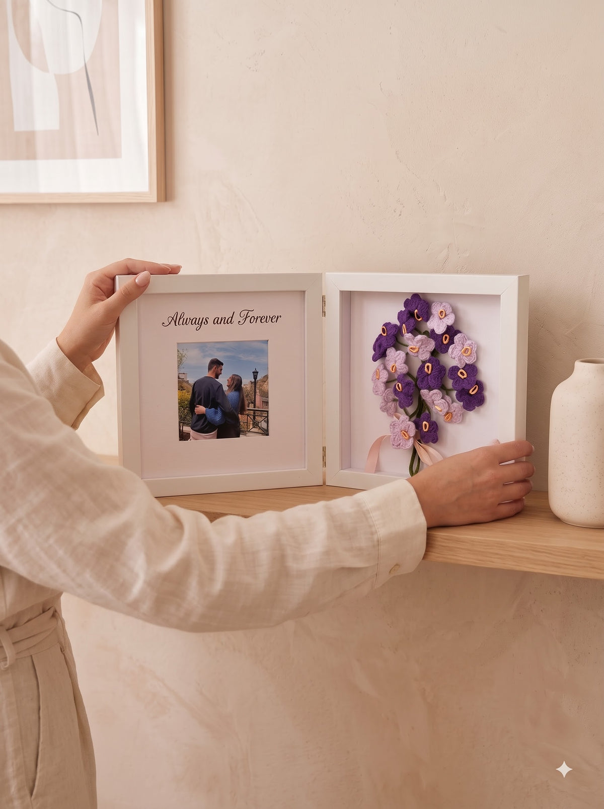 Purple Forever Frame with Handmade Crochet Flower Bunch | Perfect for Home Decor and Gifting