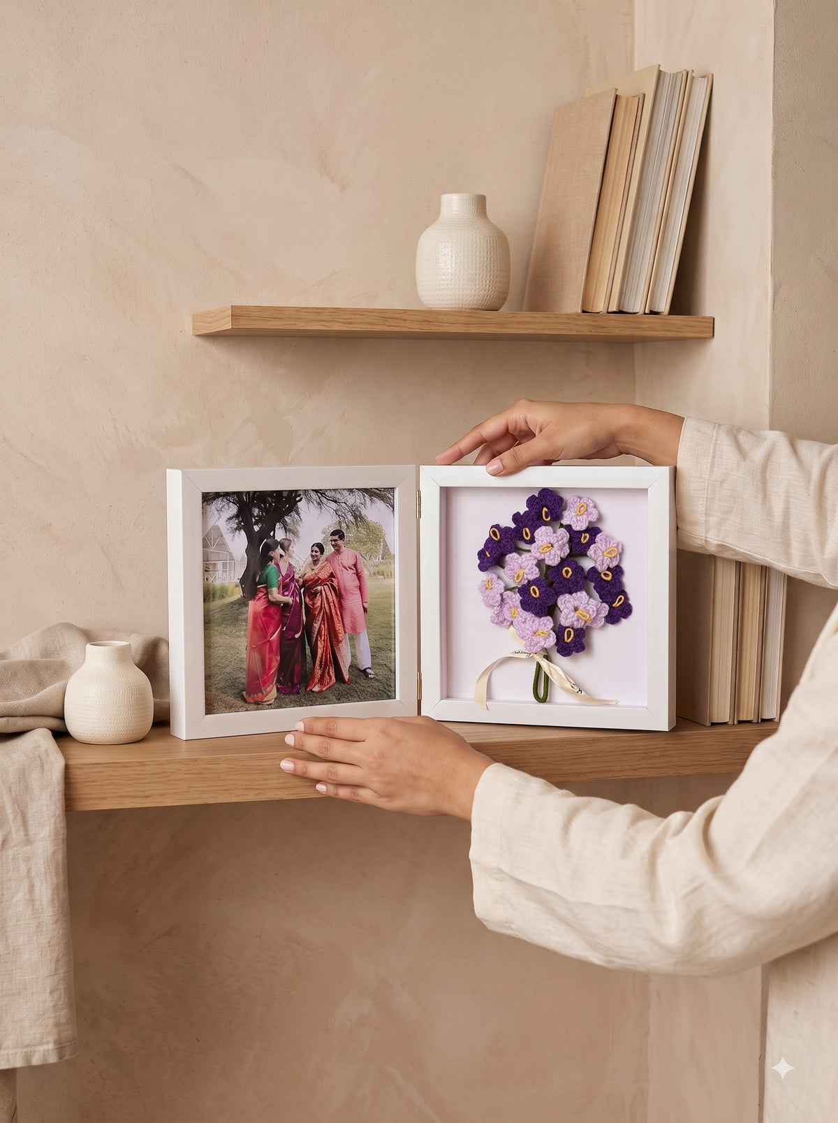 Purple Fold & Bloom Frame with Handmade Crochet Flower Bunch | Perfect for Home Decor and Workdesk