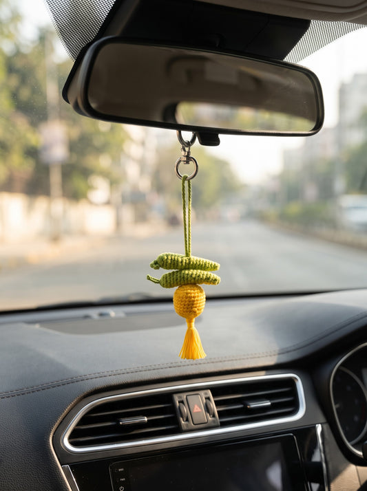 Nimbu Mirch Handmade Crochet Charm | Ideal as Car and Keychain Accessory and Backpack Decoration