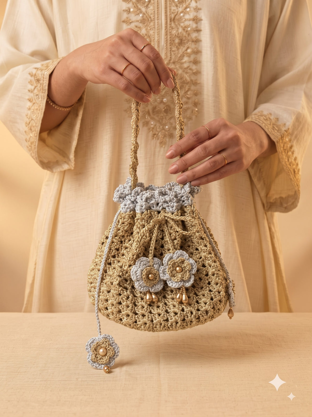 Noor Handmade Crochet Potli Bag | Perfect Handbag for Saree and Lehenga