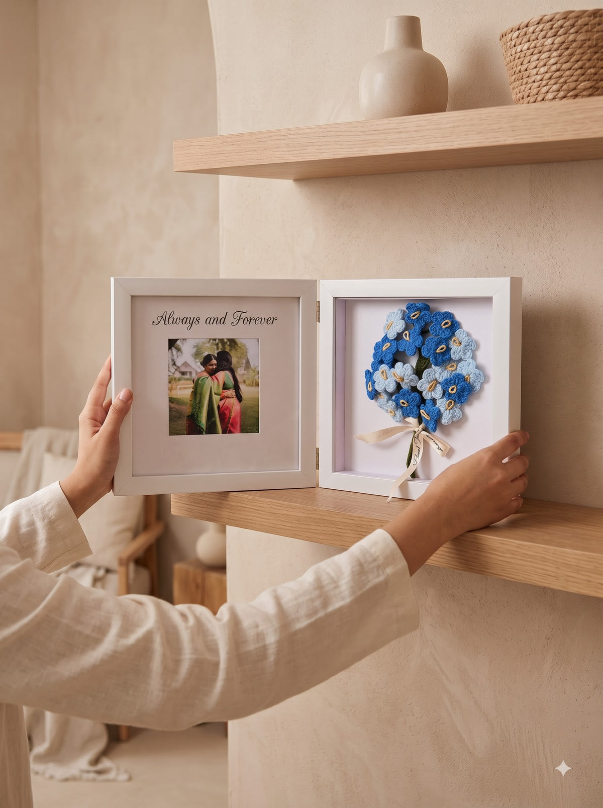 Blue Forever Frame with Handmade Crochet Flower Bunch | Perfect for Home Decor and Gifting