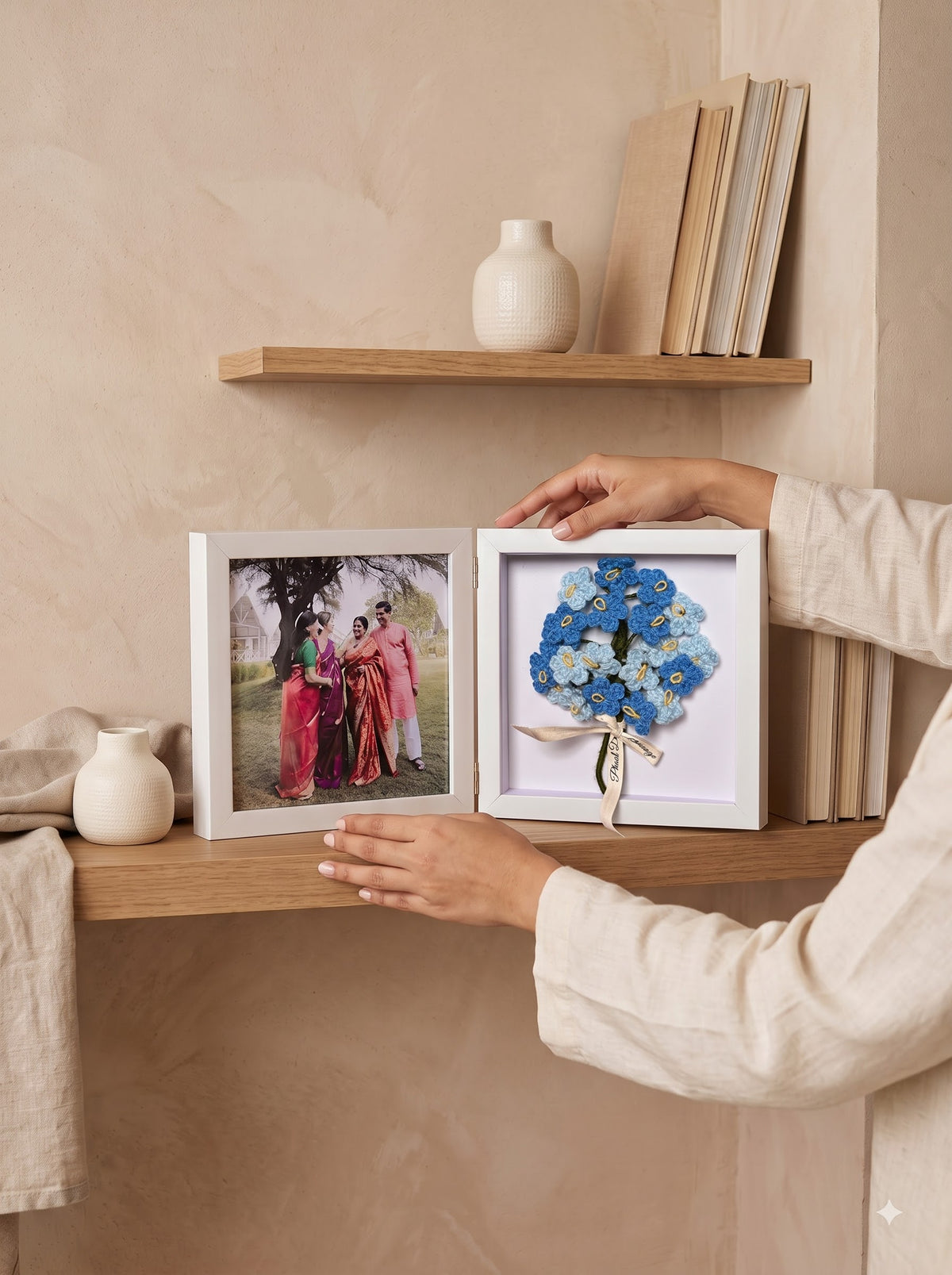Blue Fold & Bloom Frame with Handmade Crochet Flower Bunch | Perfect for Home Decor and Workdesk
