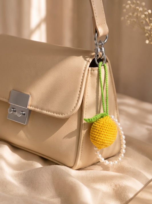 Lemon & Pearls Handmade Crochet Charm | Ideal as Car and Keychain Accessory and Backpack Decoration