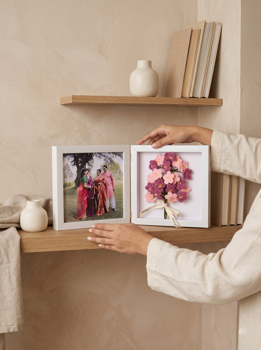 Pink Fold & Bloom Frame with Handmade Crochet Flower Bunch | Perfect for Home Decor and Workdesk