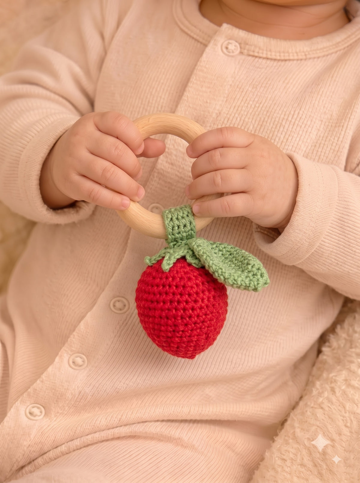 Strawberry Crochet Baby Rattle | Handmade Toy | Ideal for Sensory and Motor Skills Development