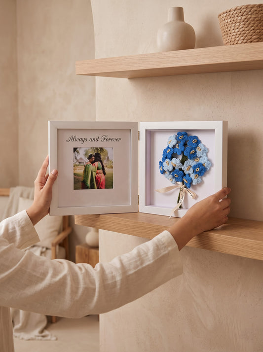 Blue Forever Frame with Handmade Crochet Flower Bunch | Perfect for Home Decor and Gifting