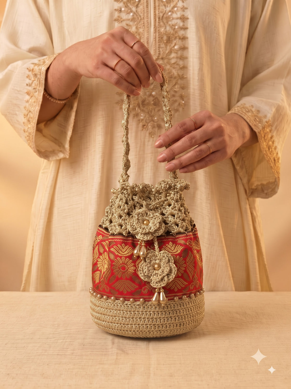 Ruby Handmade Crochet Potli Bag | Perfect Handbag for Saree and Lehenga