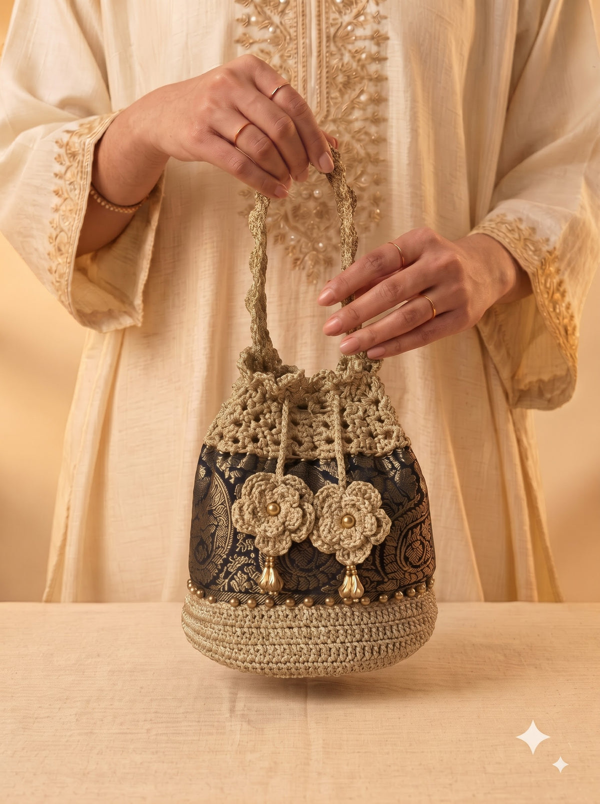 Riwaaz Handmade Crochet Potli Bag | Perfect Handbag for Saree and Lehenga