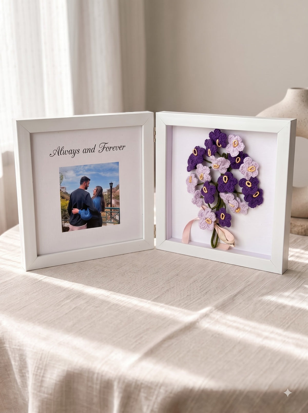 Purple Forever Frame with Handmade Crochet Flower Bunch | Perfect for Home Decor and Gifting