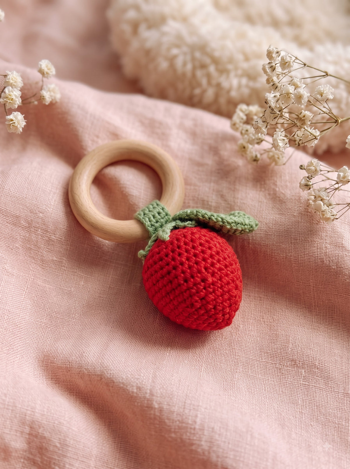 Strawberry Crochet Baby Rattle | Handmade Toy | Ideal for Sensory and Motor Skills Development