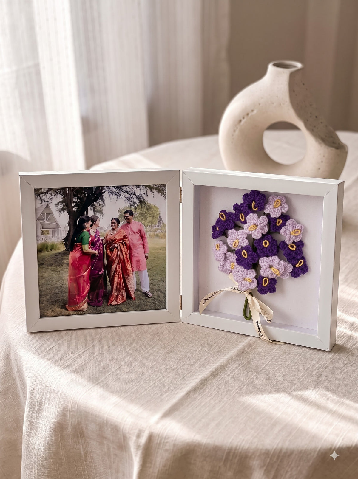 Purple Fold & Bloom Frame with Handmade Crochet Flower Bunch | Perfect for Home Decor and Workdesk