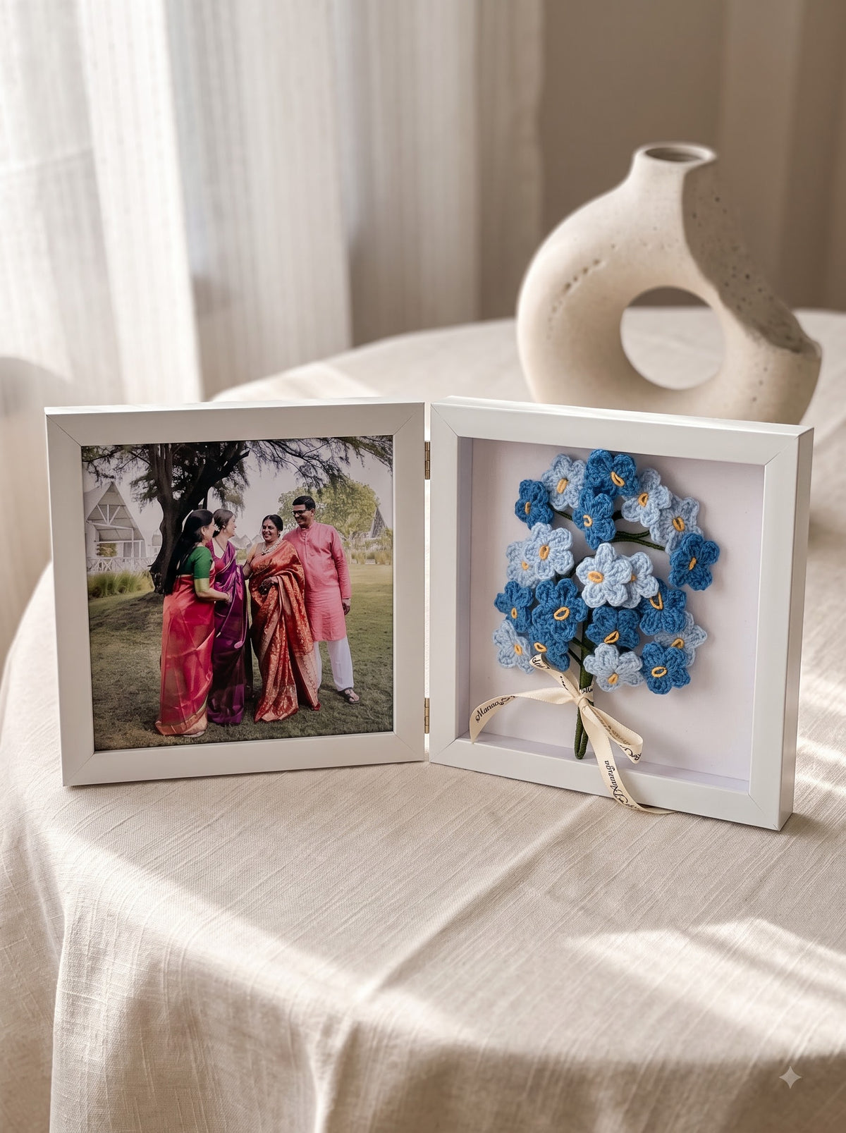 Blue Fold & Bloom Frame with Handmade Crochet Flower Bunch | Perfect for Home Decor and Workdesk
