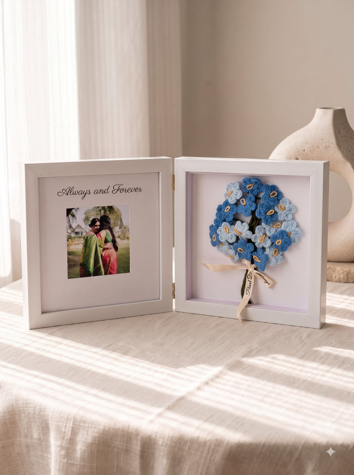 Blue Forever Frame with Handmade Crochet Flower Bunch | Perfect for Home Decor and Gifting
