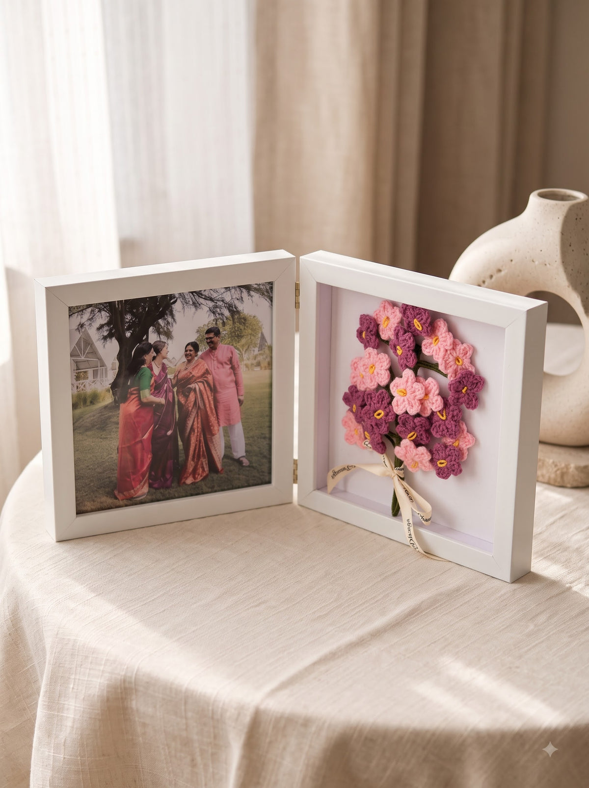 Pink Fold & Bloom Frame with Handmade Crochet Flower Bunch | Perfect for Home Decor and Workdesk
