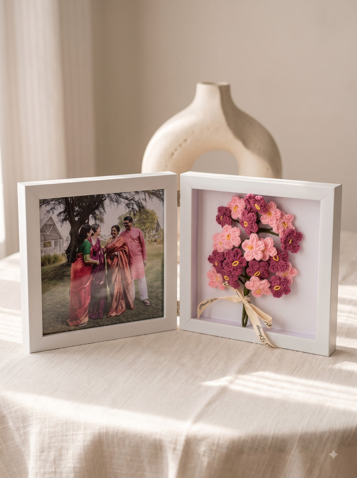 Pink Fold & Bloom Frame with Handmade Crochet Flower Bunch | Perfect for Home Decor and Workdesk