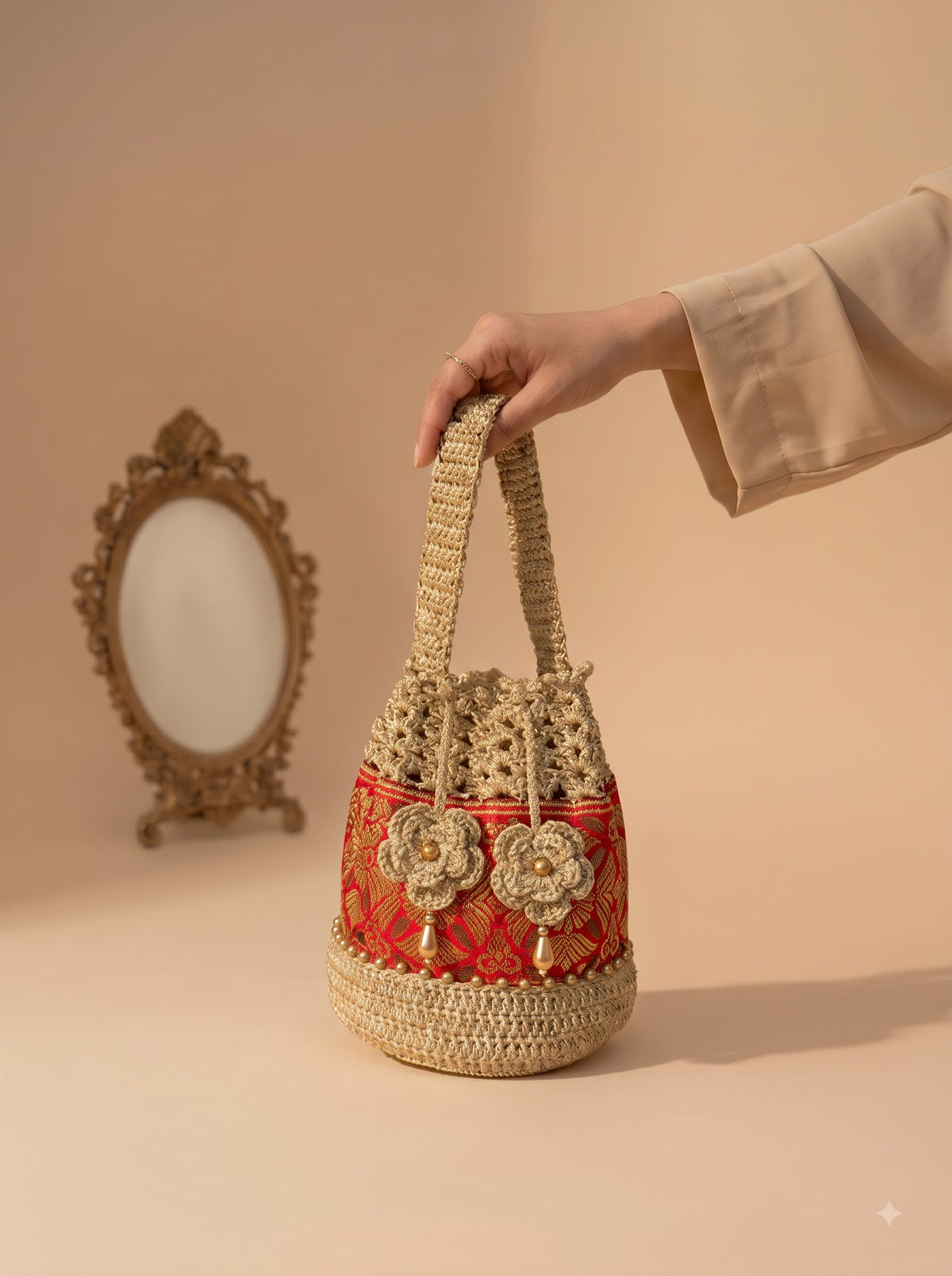 Ruby Handmade Crochet Potli Bag | Perfect Handbag for Saree and Lehenga