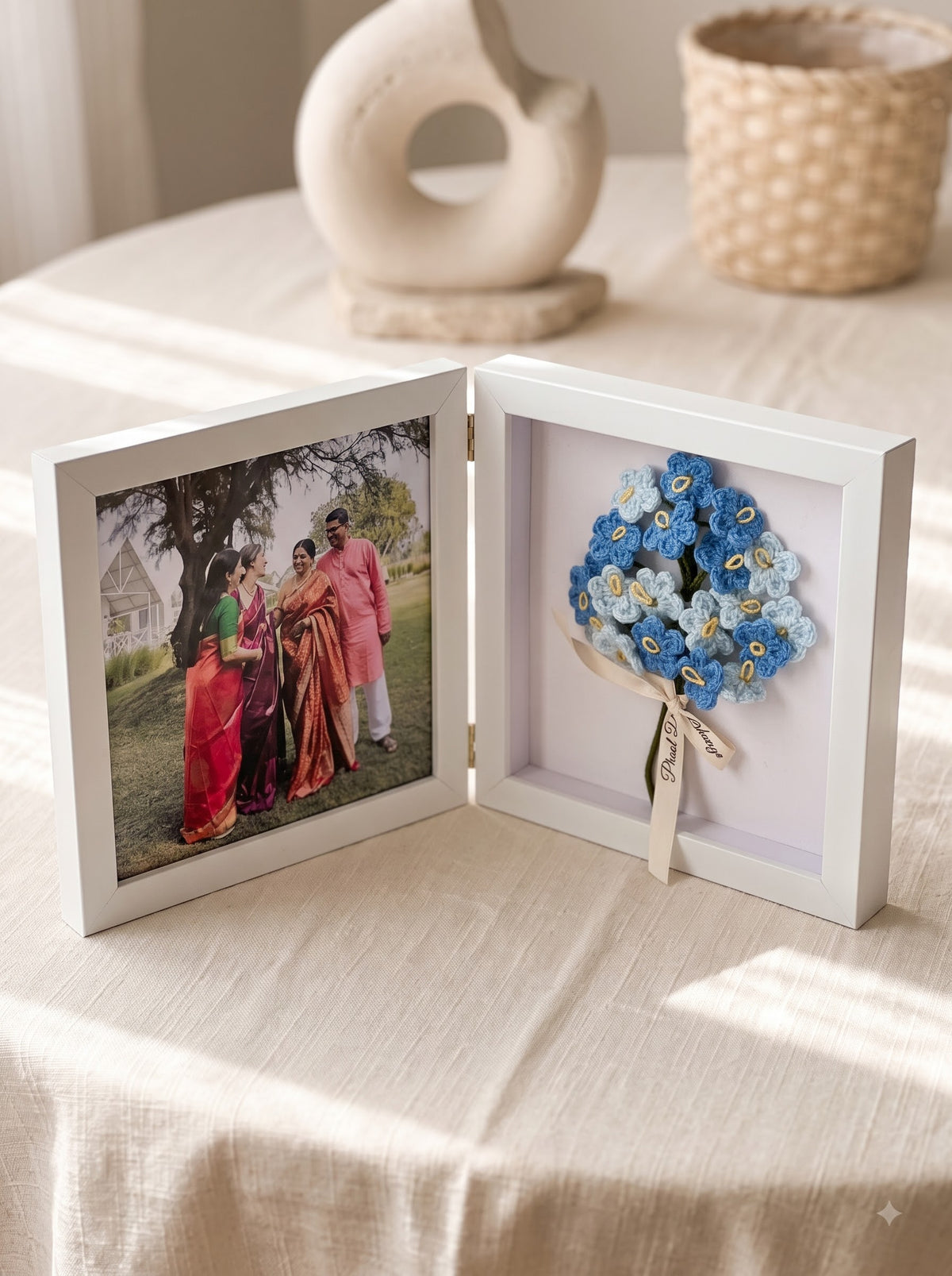 Blue Fold & Bloom Frame with Handmade Crochet Flower Bunch | Perfect for Home Decor and Workdesk