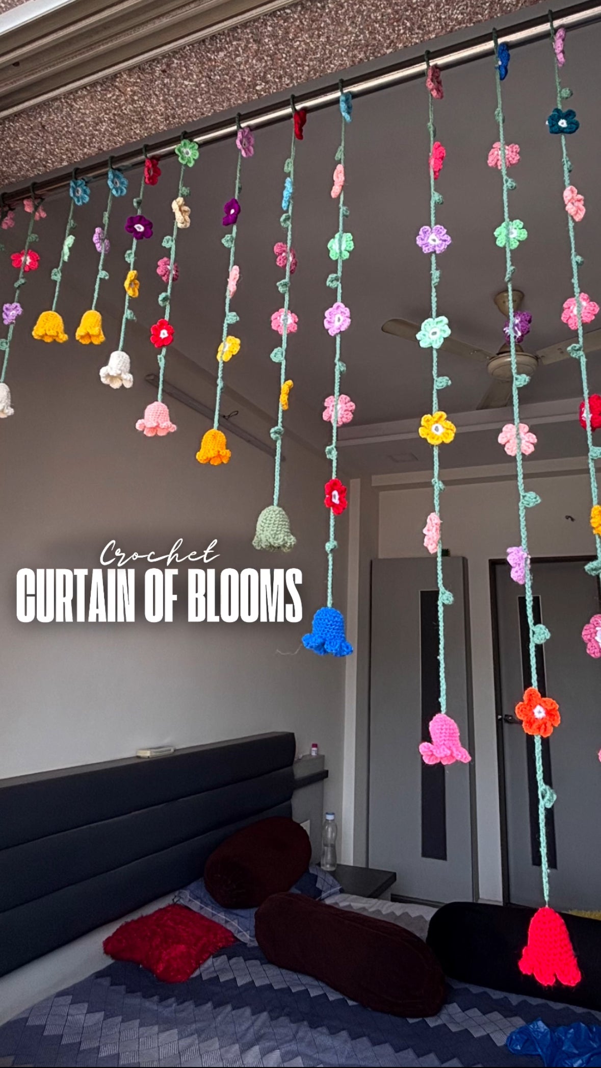 Crochet curtain of blooms