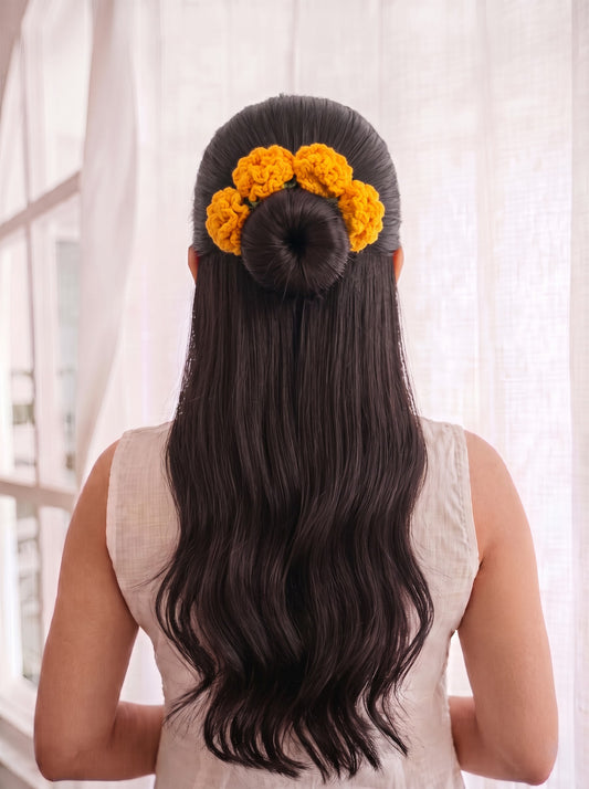 Marigold Handmade Crochet Gajra | Ideal Never-Wilting Reusable Flower Hair Accessory